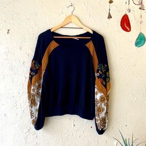 Free People Black and Goldenrod Patchwork Sweater